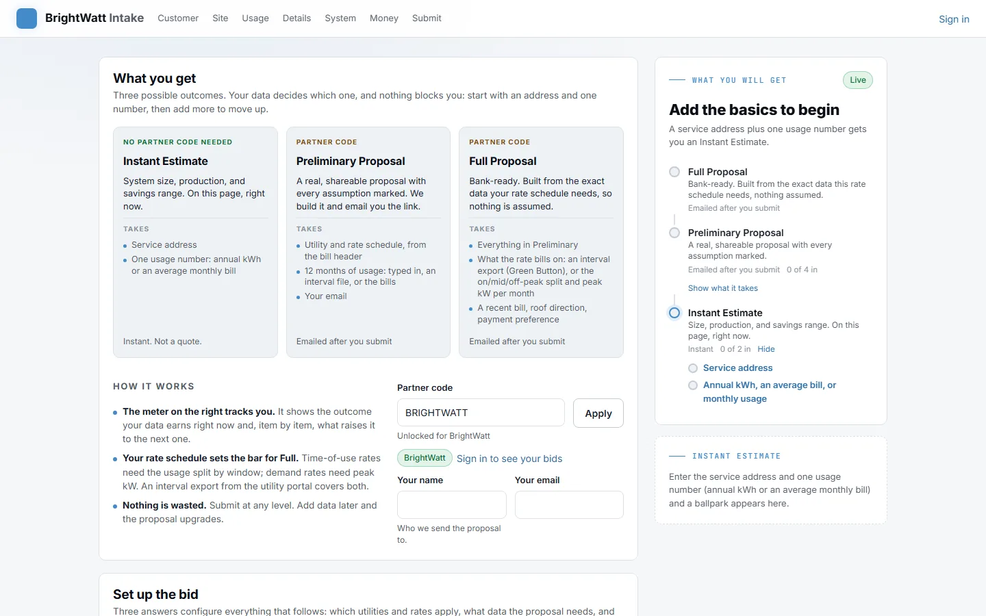 BrightWatt's partner intake page